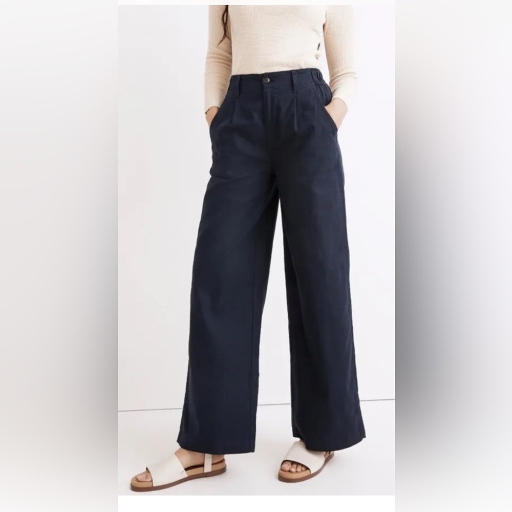 MADEWELL Petite Cotton-Linen Pleated Wide-Leg Pants in Navy 4P NWT $98 NE117